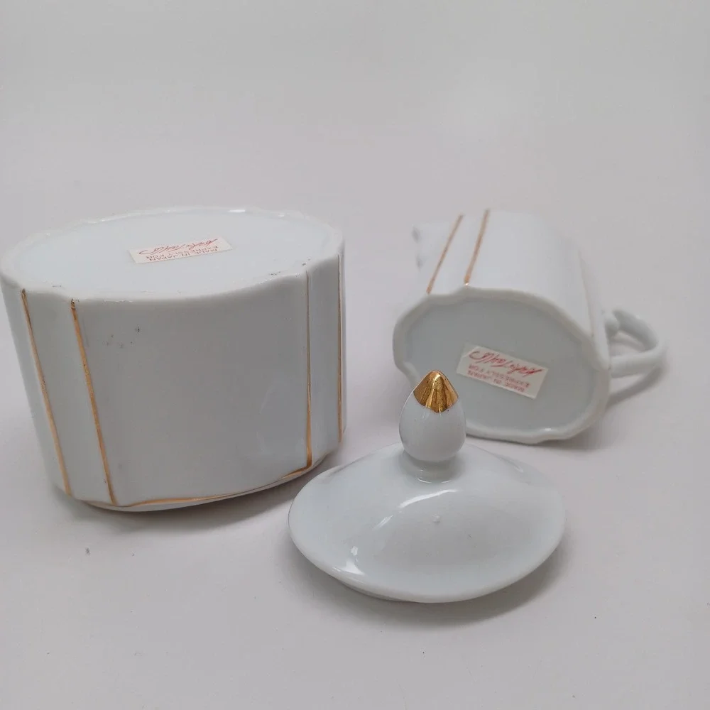 Lord & Taylor Vintage Porcelain Sugar Bowl and Creamer Set Gold Gilt Japan White
